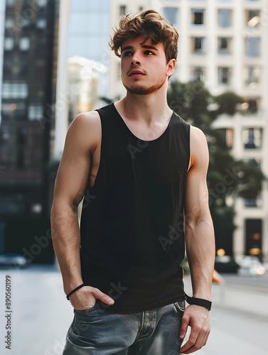 Attractive young man wearing blank empty black tank top mockup for design template in the city street 