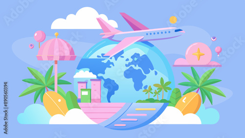 World Tourism Day concept with world map, plane and a bagpack, pastel colors