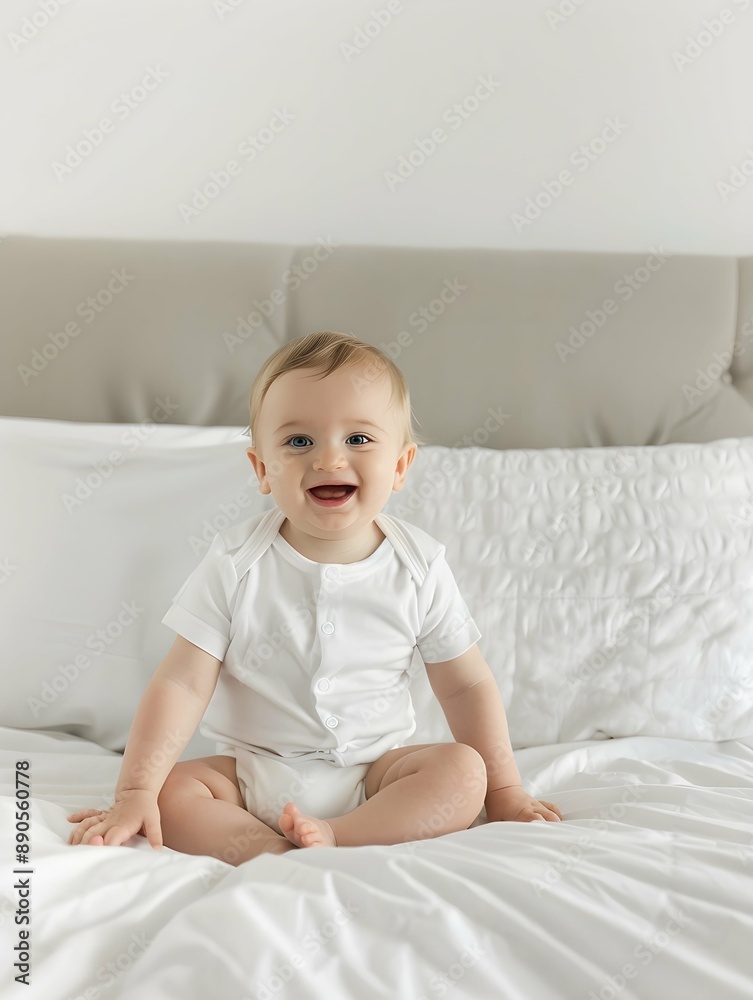 Baby wearing white shirt bodysuit mockup, at white bed background. Design onesie template, print presentation mock-up Baby wearing white shirt bodysuit mockup, at white bed background. Design onesie template, print presentation mock-up