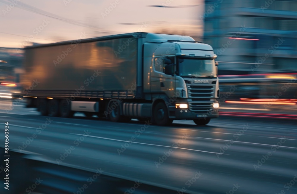 A truck driving on a road during dusk with blurred motion, capturing the speed and dynamics of urban transportation. A truck driving on a road during dusk with blurred motion, capturing the speed and dynamics of urban transportation.