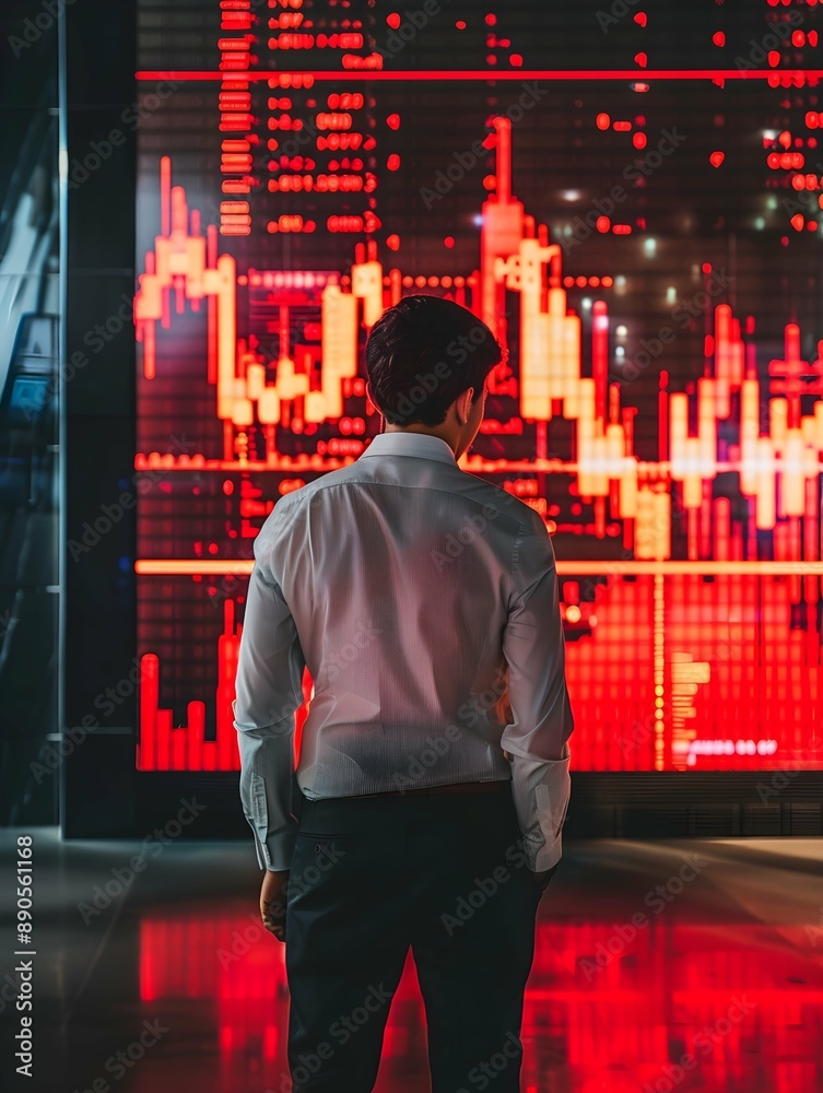 Back view of young man standing in interior with falling red forex chart on screen. Finance and recession concept. Back view of young man standing in interior with falling red forex chart on screen. Finance and recession concept.