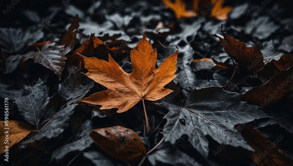 Dark backdrop featuring a monochromatic close-up of autumn fallen leaves Dark backdrop featuring a monochromatic close-up of autumn fallen leaves