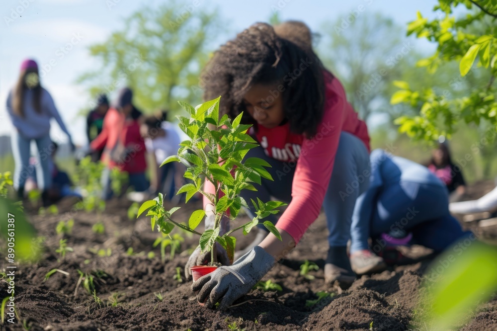 Fototapeta premium Volunteers of all ages and backgrounds collaborating to plant trees in a community garden, fostering a sense of community and environmental stewardship.