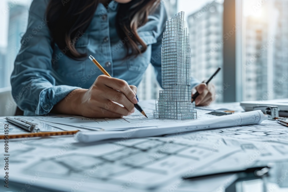 Architect sketching plans in an innovative building Architect sketching plans in an innovative building