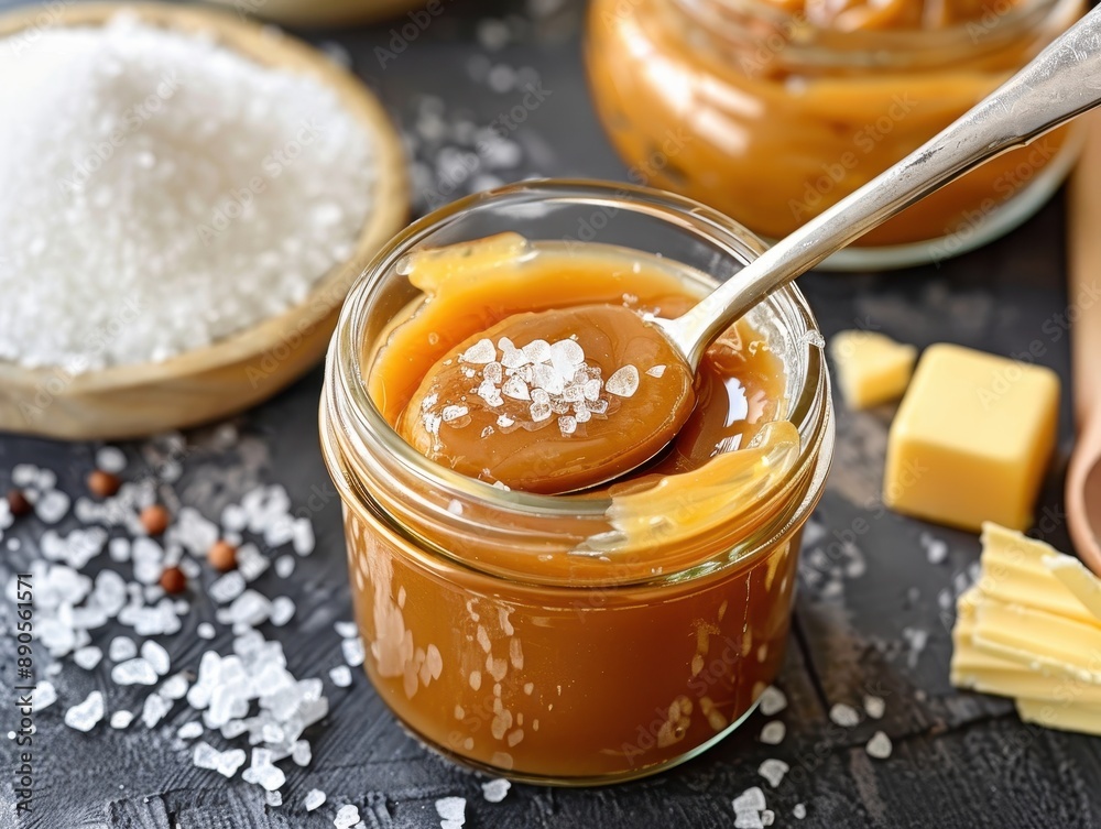 A glossy and creamy salted caramel in a jar with a spoon, surrounded by sea salt and butter. A glossy and creamy salted caramel in a jar with a spoon, surrounded by sea salt and butter.