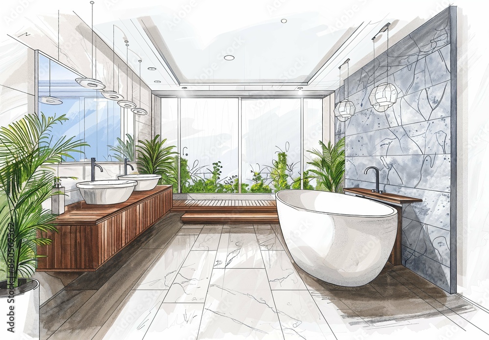 Modern Bathroom Interior Design Sketch with Freestanding Tub, Double ...