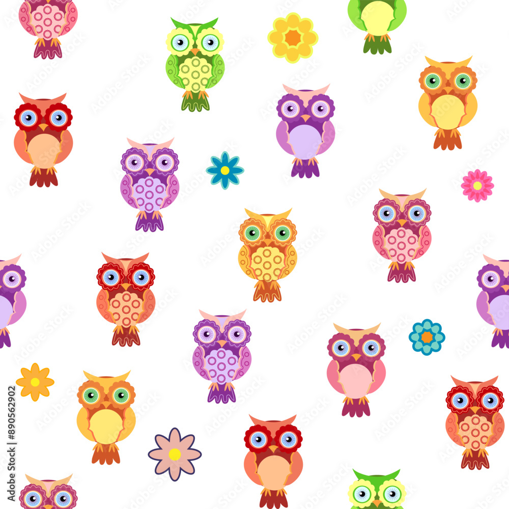 Obraz premium Seamless colorful owl pattern for children with flowers, clouds, branches