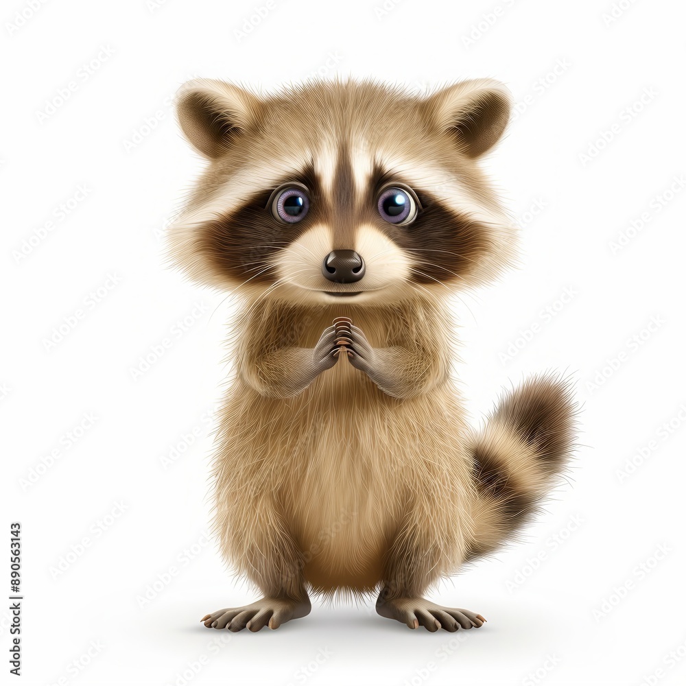 Adorable cartoon raccoon with big eyes and fluffy tail on a white background, standing with paws together. Cute and expressive character. Adorable cartoon raccoon with big eyes and fluffy tail on a white background, standing with paws together. Cute and expressive character.