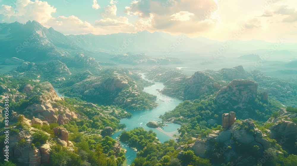 Stunning Aerial View of Serene River Winding Through Lush Green Valley Surrounded by Majestic Mountains Under a Bright Sky at Sunrise Stunning Aerial View of Serene River Winding Through Lush Green Valley Surrounded by Majestic Mountains Under a Bright Sky at Sunrise