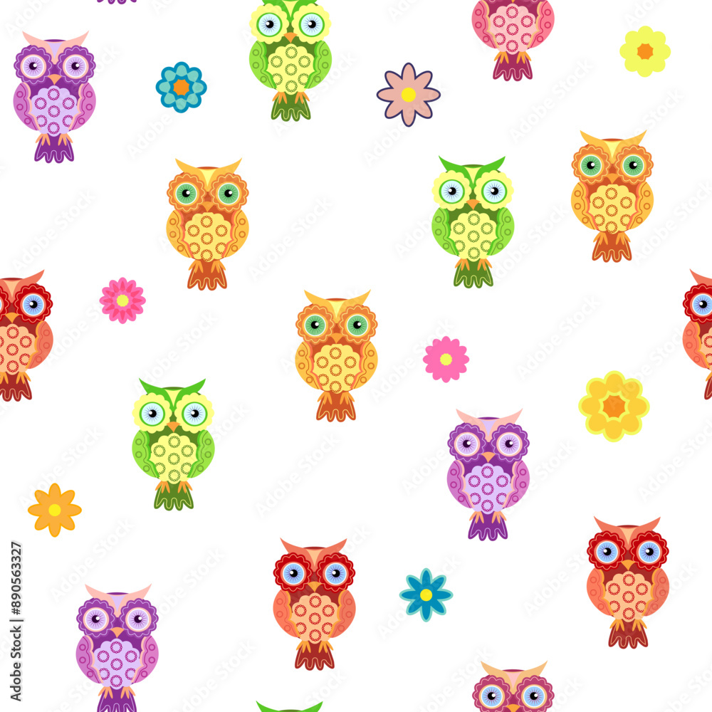 Obraz premium Seamless colorful owl pattern for children with flowers, clouds, branches