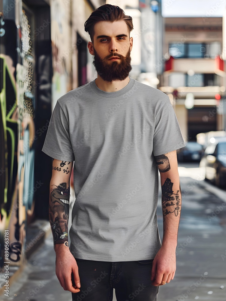 Blank Gray T shirt mockup on male model Empty T shirt template Blank Gray T shirt mockup on male model Empty T shirt template