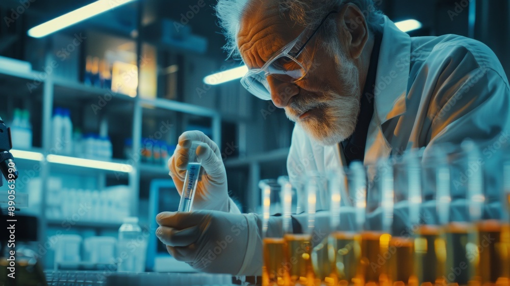 A man in a lab coat is holding a test tube and looking at it A man in a lab coat is holding a test tube and looking at it