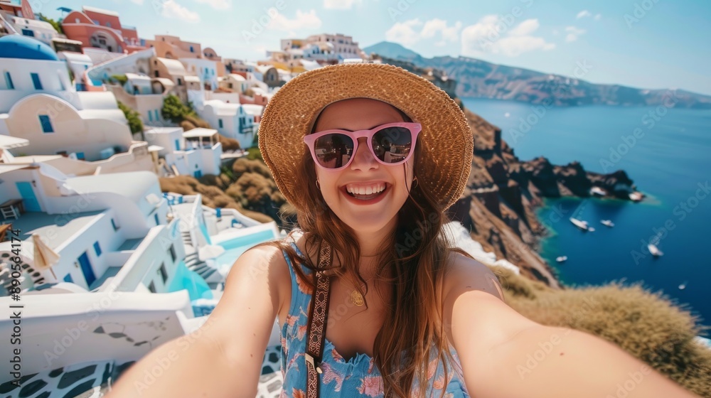 Fashionista girl taking a selfie in the charming Greek village of Oia on the island of Santorini. A young lady having fun on vacation in Greece, Europe Fashionista girl taking a selfie in the charming Greek village of Oia on the island of Santorini. A young lady having fun on vacation in Greece, Europe