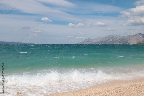 Storm at sea on a sunny summer day on the sea coast of Croatia, Baska Voda photo