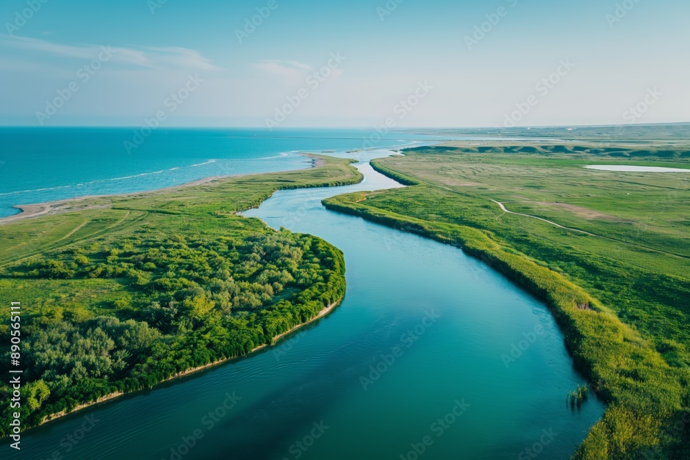 A river with a green bank and a blue sky in the background. The water is calm and peaceful A river with a green bank and a blue sky in the background. The water is calm and peaceful