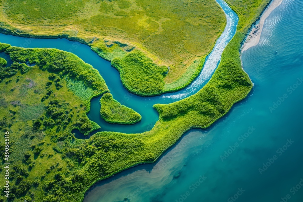 A river with green grass and trees on either side. The water is clear and calm. Concept of tranquility and natural beauty A river with green grass and trees on either side. The water is clear and calm. Concept of tranquility and natural beauty