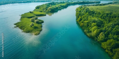 A river with a green forest on the banks. The water is calm and clear. The trees are lush and green, and the sky is blue. The scene is peaceful and serene