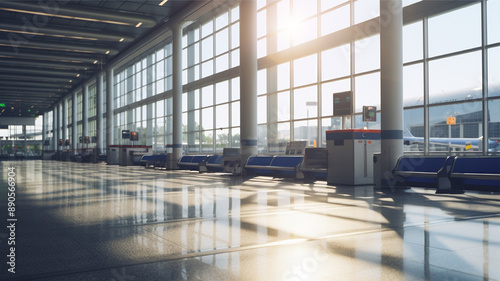 Interior of an airport. An airport terminal inside. An empty waiting hall of an airport or station.