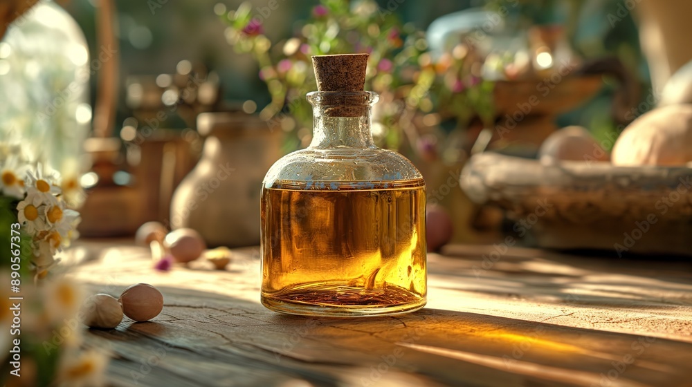 Still life of Argan oil and fruit with nuts on a table Still life of Argan oil and fruit with nuts on a table