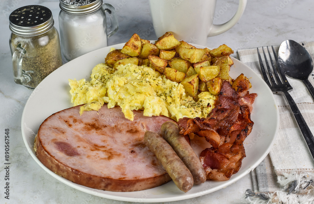 scramble egg and ham breakfast plate scramble egg and ham breakfast plate