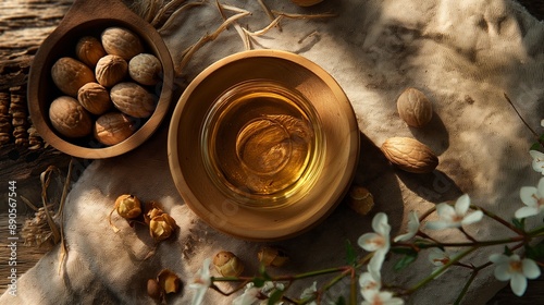 Still life of Argan oil and fruit with nuts on a table