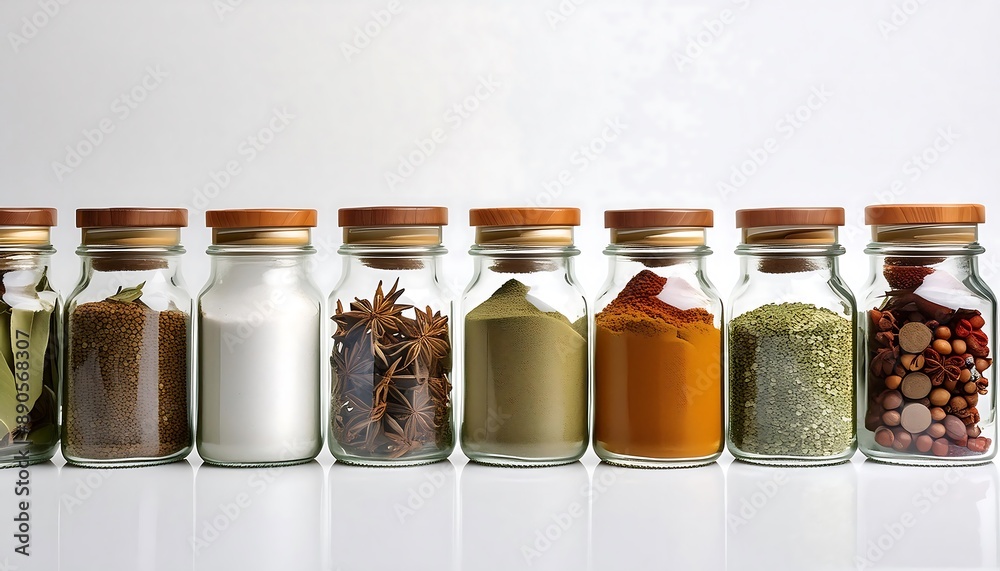 Isolated glass spice jars filled with colorful powders and whole seeds for healthy and flavorful cooking Isolated glass spice jars filled with colorful powders and whole seeds for healthy and flavorful cooking