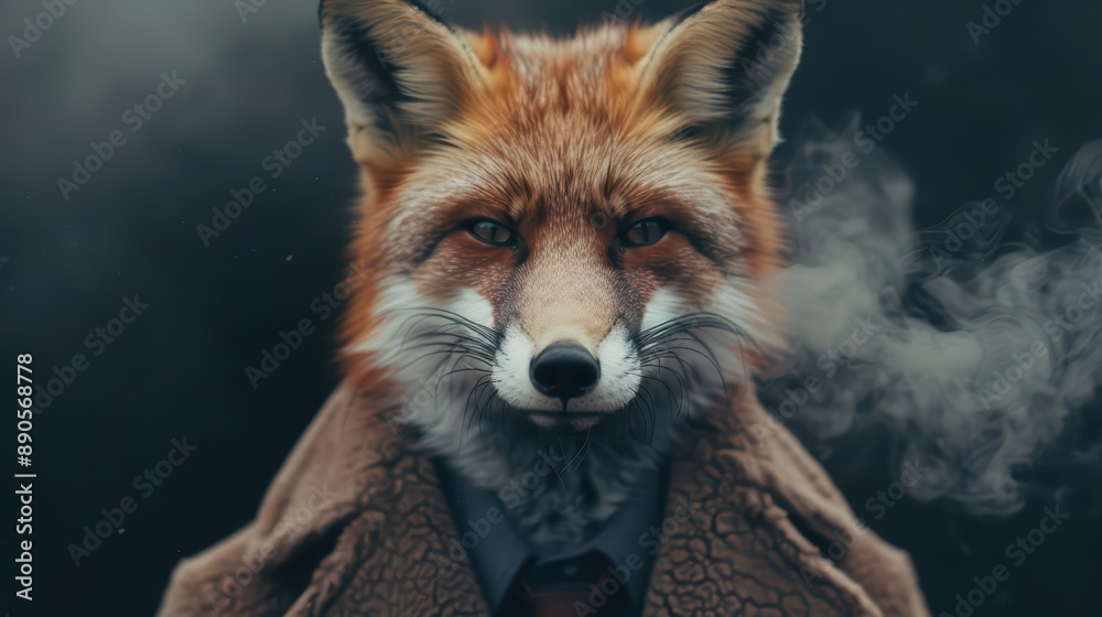 Obraz premium A fox wearing a detective coat investigates a supernatural scene with copy space