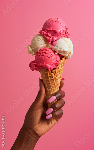 Ice cream, summer concept. Hand holding Ice cream with waffle cone, scoops on bright vibrant color pastel solid background. Summer creative layout, ice cream minimal fashion idea. Realistic photo