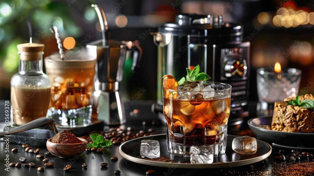 Iced coffee in cocktail glass, elegant presentation,