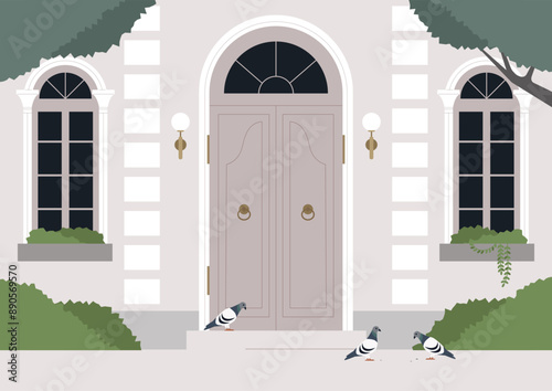 Birds Perched at the building doors, Three pigeons stand near a grand apartment entrance, waiting for crumbs and a chance to enter
