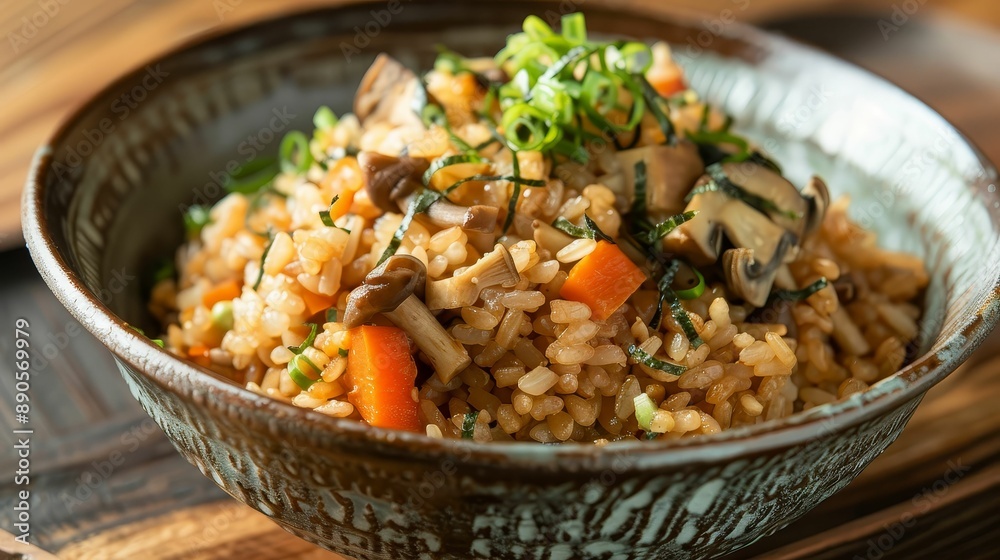 Japanese takikomi gohan (seasoned rice) served in a rustic ceramic bowl with mushrooms and vegetables Japanese takikomi gohan (seasoned rice) served in a rustic ceramic bowl with mushrooms and vegetables