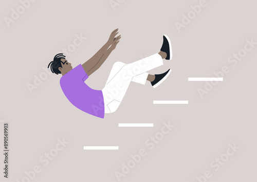 A character in a purple shirt and white pants falls down a flight of stairs, their arms outstretched in a gesture of panicked defense