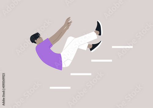 A character in a purple shirt and white pants falls down a flight of stairs, their arms outstretched in a gesture of panicked defense