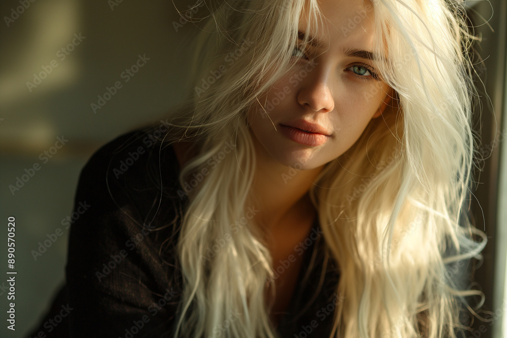 Pretty sad female woman with long white blonde tousled hair. Pretty sad female woman with long white blonde tousled hair.