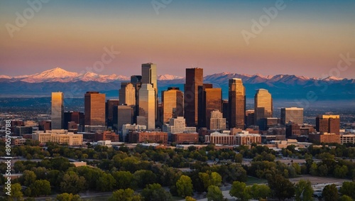 Denver, Colorado skyline at sunrise, aerial shot