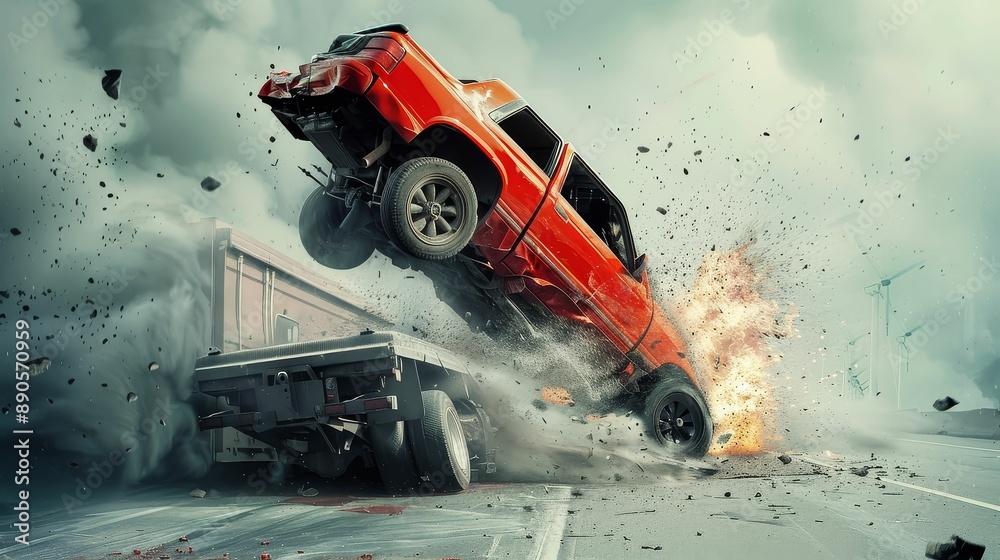 Dramatic scene of a car flipping through the air after hitting a roadside barrier at high speed Dramatic scene of a car flipping through the air after hitting a roadside barrier at high speed