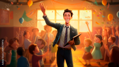 Animated Teacher Welcoming Students on First Day of School