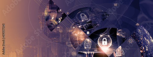 Obraz na płótnie A collage showcasing various aspects of cybersecurity with digital lock icons and cityscape in the background.Cybersecurity Elements and Digital Locks w salonie
