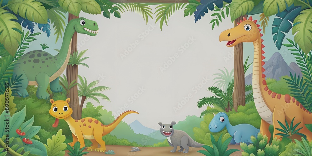 Obraz premium Jungle scrapbook page with cute dinosaur in corner Forest with dinosaurs and foliage for kids AI-Created Content