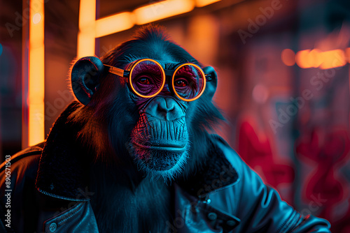 a monkey standing in full clothing against a cyberpunk background 3d rendering. AI generative 