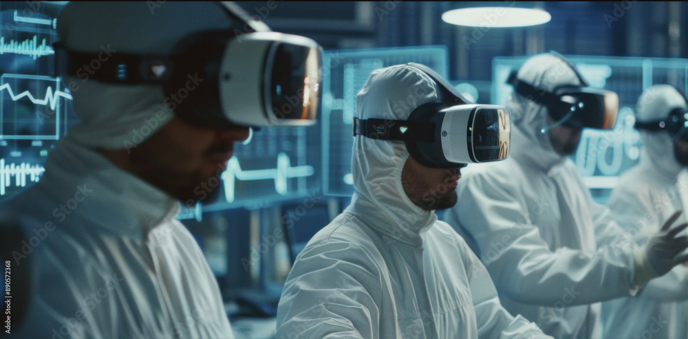 A group of people wearing white lab coats and goggles are working on a computer A group of people wearing white lab coats and goggles are working on a computer