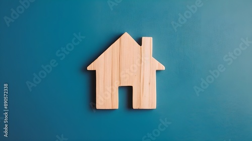 A wooden silhouette of a house against a calm blue background, housing issue, investments in building, Real estate.