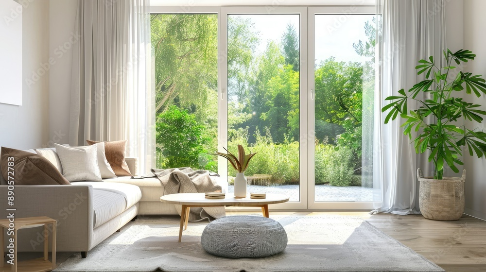 Bright and airy living room with a large window, a comfortable sofa, and a coffee table. Bright and airy living room with a large window, a comfortable sofa, and a coffee table.