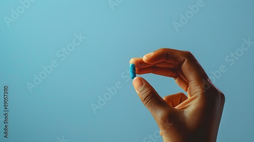 Close-up of a hand holding a blue pill against a plain background, representing health, medicine, or pharmaceutical concepts 