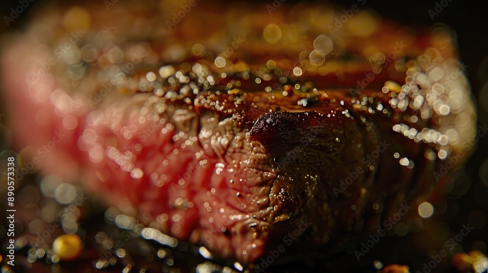 Close-up of a juicy beef steak, showing the perfect medium-rare center. Close-up of a juicy beef steak, showing the perfect medium-rare center.
