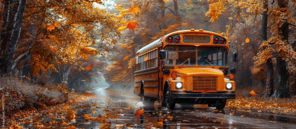 School Bus Driving Through Autumn Forest School Bus Driving Through Autumn Forest
