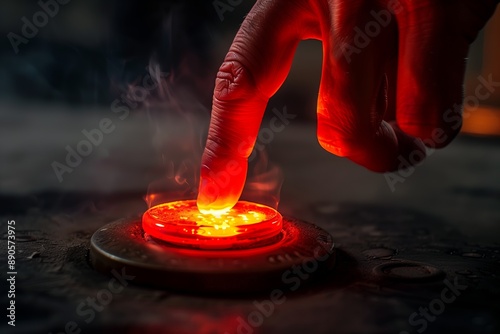 A finger pressing a glowing red hazard button with smoke rising, representing urgency and caution. photo