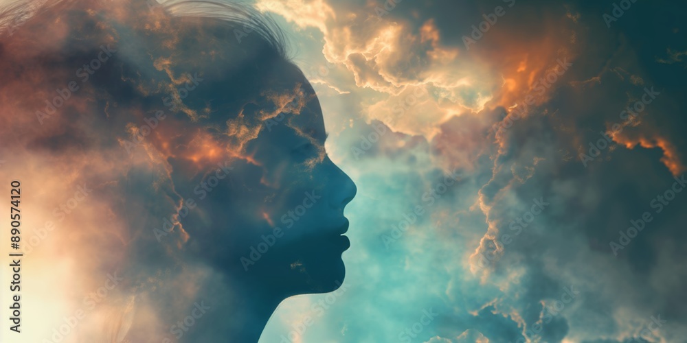 Profile silhouette of a woman merged seamlessly with vibrant, swirling clouds in a gorgeous sunset sky. Profile silhouette of a woman merged seamlessly with vibrant, swirling clouds in a gorgeous sunset sky.