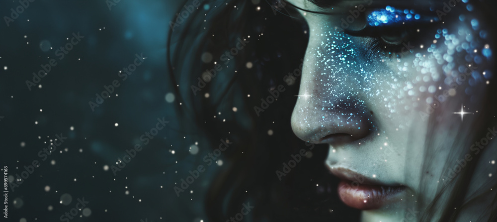 A close-up portrait of a woman with glittery makeup under an ethereal light, conveying a sense of fantasy and mystery. A close-up portrait of a woman with glittery makeup under an ethereal light, conveying a sense of fantasy and mystery.
