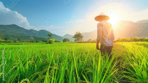 Farmer working in a lush green rice field under a bright sun, with clear sky above.36